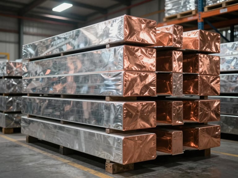 Close environmental shot of stacked aluminium and copper ingots in an organized warehouse facility, cool tungsten overhead lighting casting sharp shadows across the metal surfaces, industrial shelving visible in the background