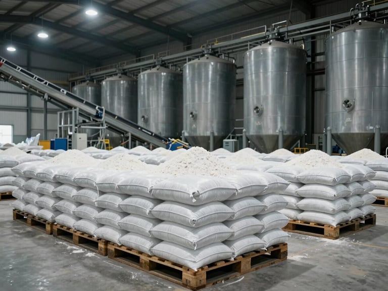 Wide shot of a fertilizer storage and bagging facility interior, rows of bulk bags stacked on pallets under cool industrial overhead lighting, conveyor systems in the midground, muted grey and white tones