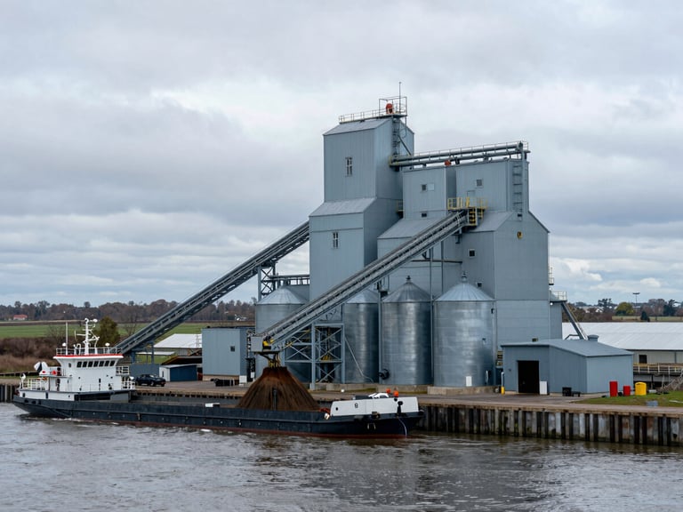 Wide environmental shot of a grain elevator complex beside a river terminal, industrial conveyors and silos in cool overcast daylight, a barge loading at the dock, flat agricultural horizon in the background