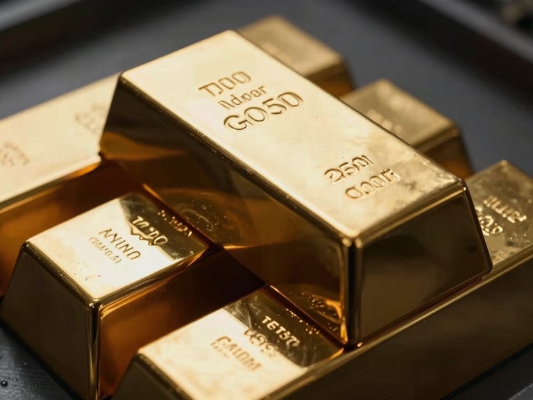 Extreme macro detail shot of raw gold bullion bars stacked in a high-security vault, dramatic low-key lighting with sharp metallic gold highlights, deep graphite shadows, 35mm anamorphic lens.