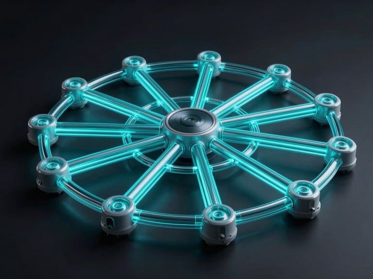 Abstract interactive 3D network nodes displaying glowing cyan data pipelines, dark background, high-contrast studio lighting, clean technical rendering