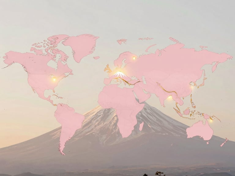 Elegant minimalist world map with pastel pink and gold lines, glowing nodes over Mount Fuji, the Sahara, and Iceland, showing a preview of natural elements.