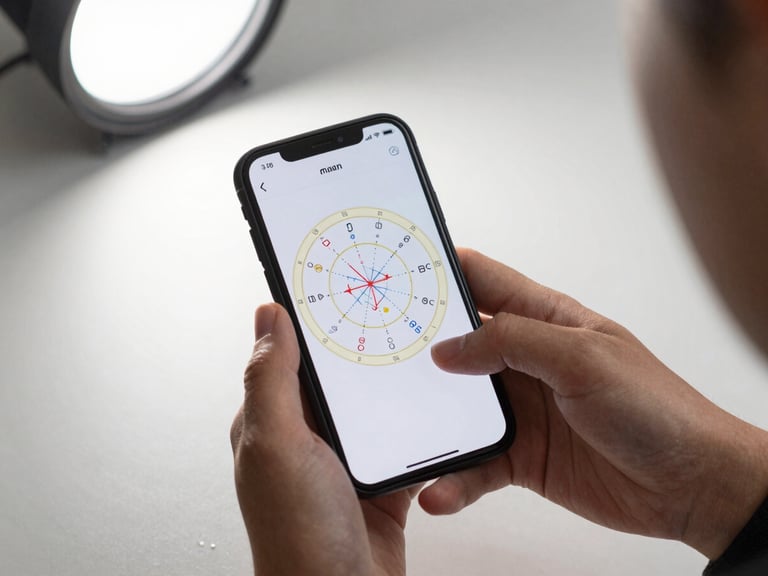 Overhead close-up of hands holding a smartphone displaying a clean astrological natal chart PDF report, crisp studio light from above, white surface beneath, planetary symbols legible on screen