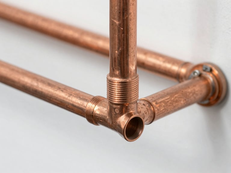 Close-up of clean copper pipe installations under bright natural daylight, sharp focus, 35mm lens