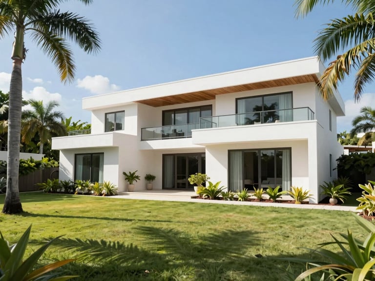 Modern Caribbean home with secure architecture, clean lines, lush tropical garden, bright clear daylight, wide shot.