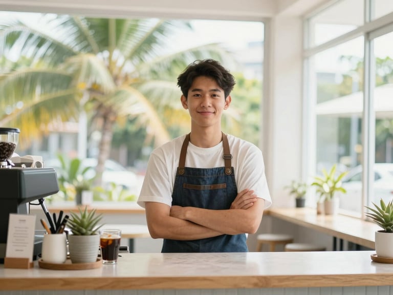Local business owner (e.g., cafe owner) confidently working in a bright, modern cafe, natural light, clean composition.