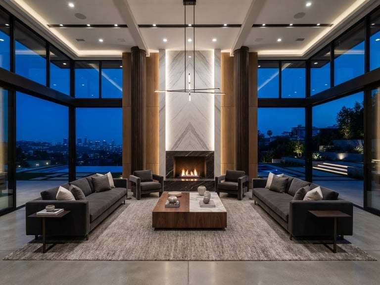 Symmetrical wide-angle architectural photograph of a modern luxury living room, balanced flambient lighting, crisp clean lines, straight vertical columns