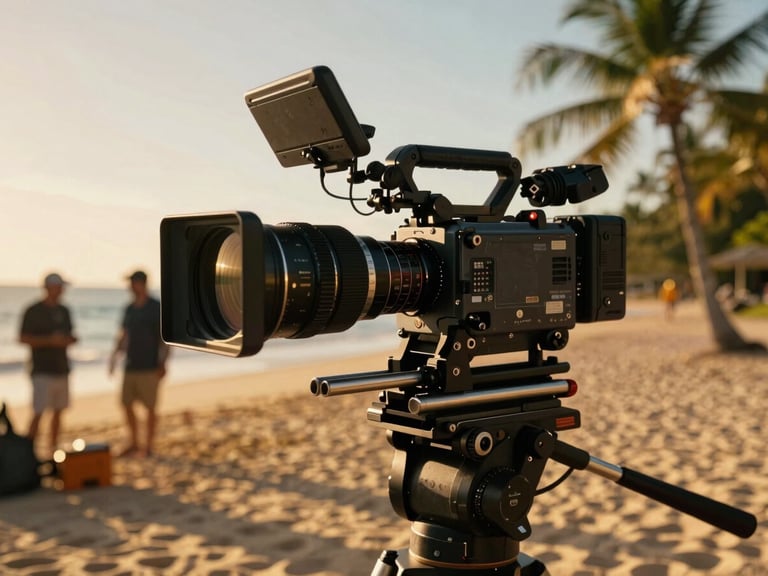 Close-up of a high-end cinematic camera rig with an anamorphic lens, catching the warm golden-hour sunlight, deep tropical shadows, professional crew in the blurred background on a Guadeloupean beach.