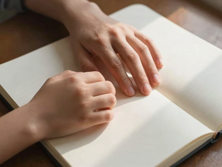 Detail shot from slightly above — a parent's hand and a child's small hand resting together on an open blank notebook, afternoon window light falling warm across both hands and the page, a few pencil marks visible at the corner of the frame, no staged arrangement, quiet and specific