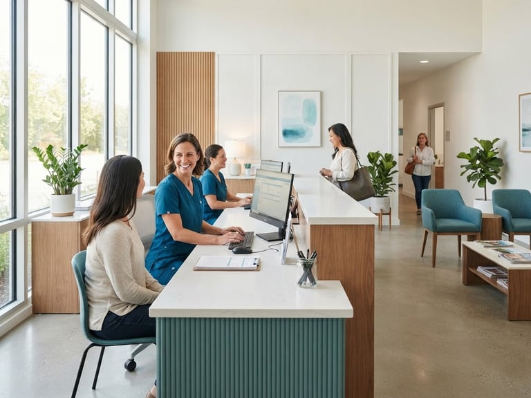 Bright modern medical clinic reception desk, clean white and teal accents, soft natural light, professional and welcoming atmosphere