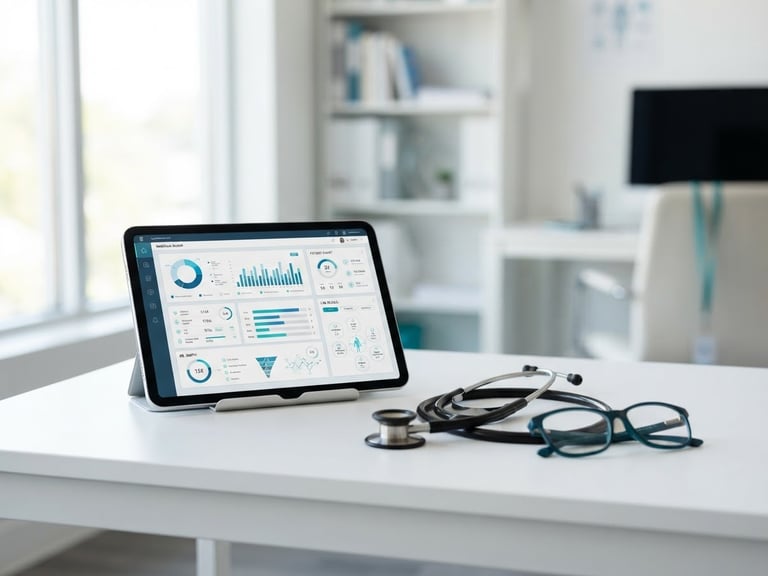 A clean, bright clinical desk with a tablet displaying medical charts, a stethoscope, and eyeglasses, high-key natural daylight, crisp teal accents