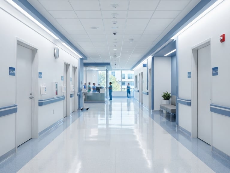 Crisp architectural photography of a sterile hospital corridor with clean blue and white tones, sharp focus, bright daylight.