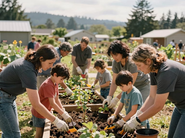 Diverse group of adults and children participating in a community garden project, sunny Pacific Northwest daylight, collaborative action, 35mm lens.