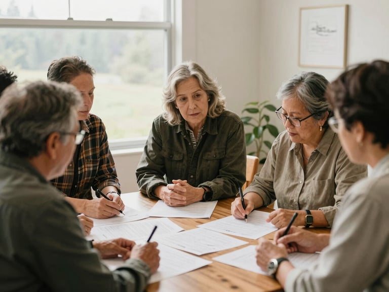 Group of Washington residents reviewing plans for a community project, collaborative discussion, natural light, soft earthy tones, 35mm lens.
