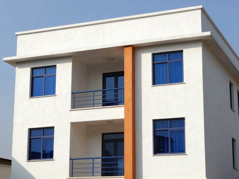 A modern multi-story building completed in Limbe, clean white plaster, architectural details, bright afternoon sun
