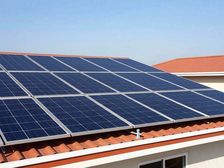 Roof-mounted solar panel installation on a commercial facility in Limbe, bright daylight, professional mounting