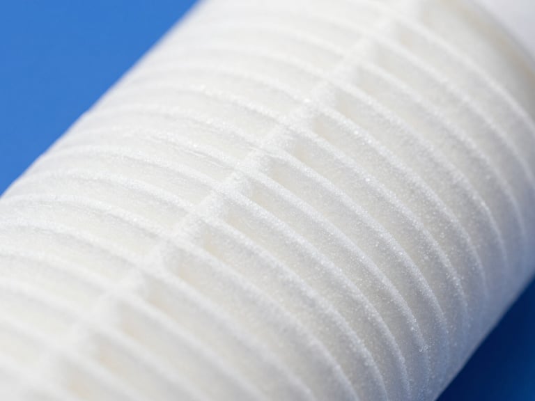 Extreme close-up of a new white sediment filter cartridge, pristine and sterile, under bright high-key natural daylight, crisp focus.