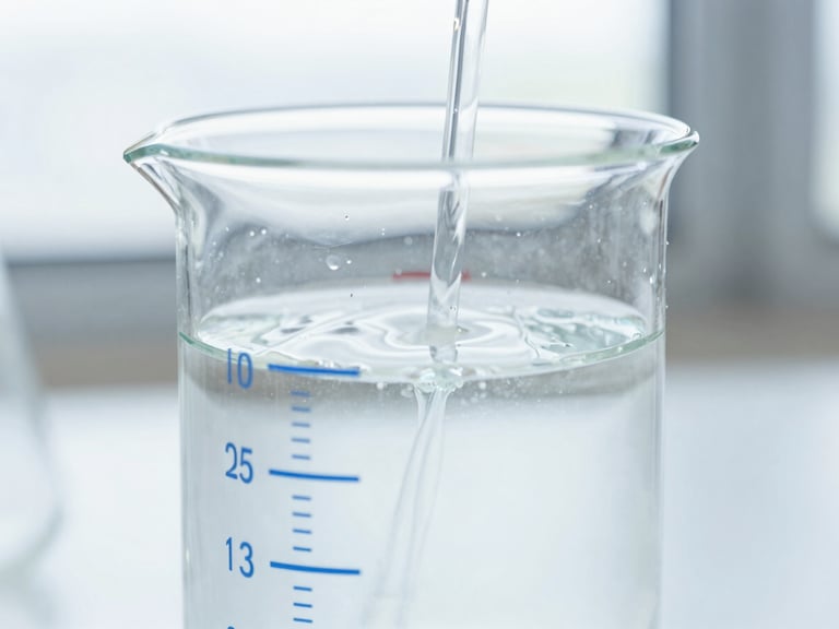 Close-up of a water testing beaker with clear water, showing a subtle mineral reintroduction process, scientific precision, diffused window light.
