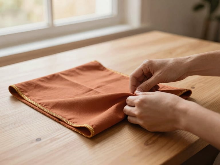 A designer's hands arranging a structured terracotta fabric with gold thread accents on a clean wooden table, soft window light, warm editorial style