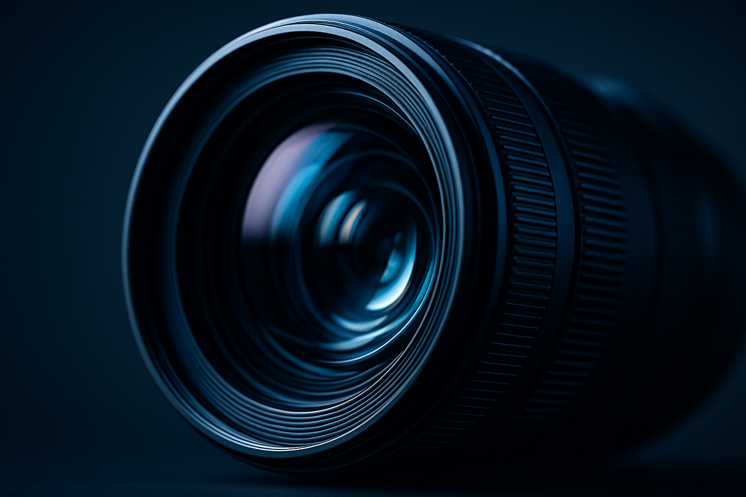 Macro close-up of a sleek camera lens with cold blue studio lighting reflecting off the glass elements, high-contrast technical composition.