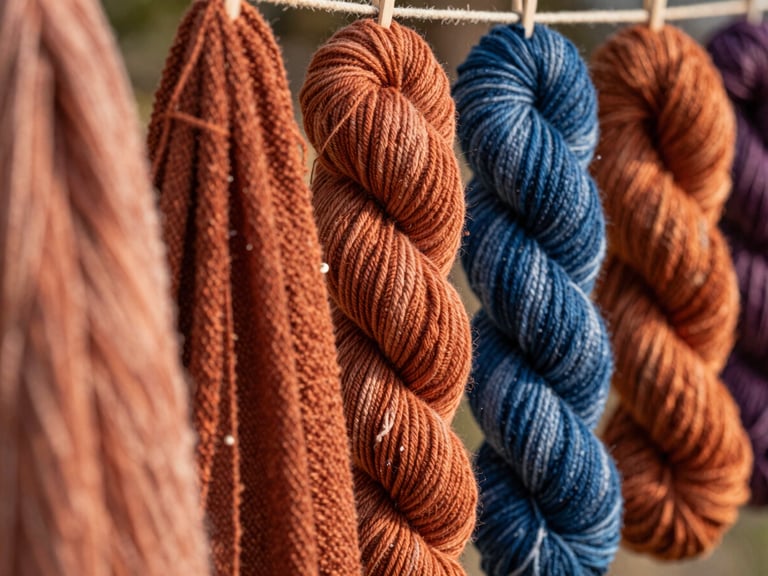 Macro shot of rich terracotta and indigo dyed yarn skeins drying in soft, warm morning sunlight, textured cotton threads, 35mm editorial photography.