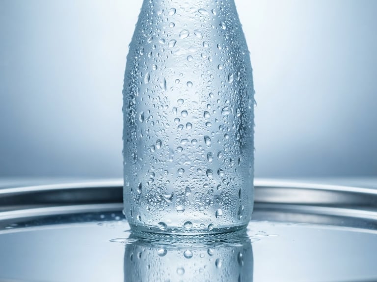 A macro product shot of a condensation-beaded Voda glass bottle standing on a polished silver surface, high-key studio light with cool blue and silver backlighting, sharp focus on water droplets.