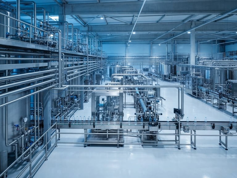 Wide-angle architectural photograph of a clinical-grade water bottling facility, gleaming stainless steel pipelines, cool blue and silver ambient backlighting, sharp focus, pristine reflective surfaces.