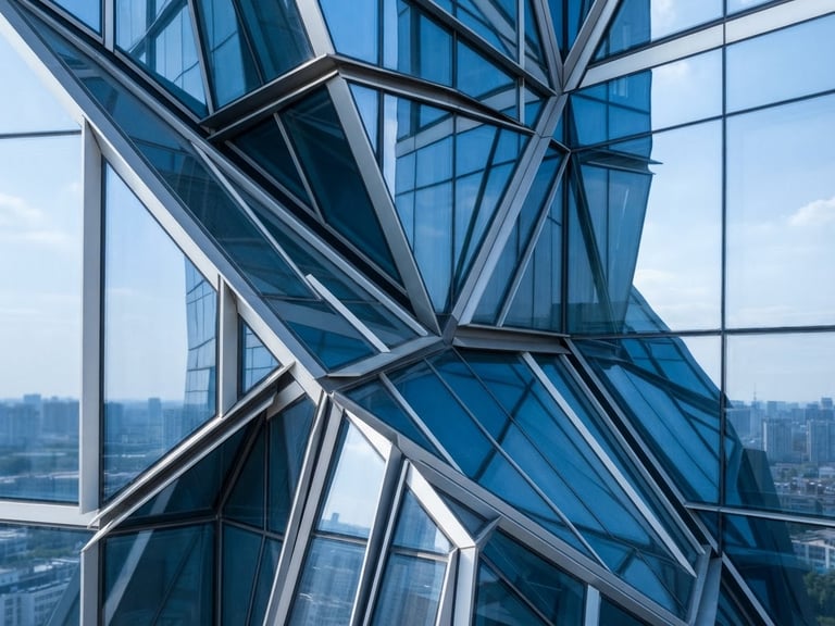 Abstract architectural detail of a modern corporate building facade, sharp angles, clean steel and glass, bright daylight, blue tones.
