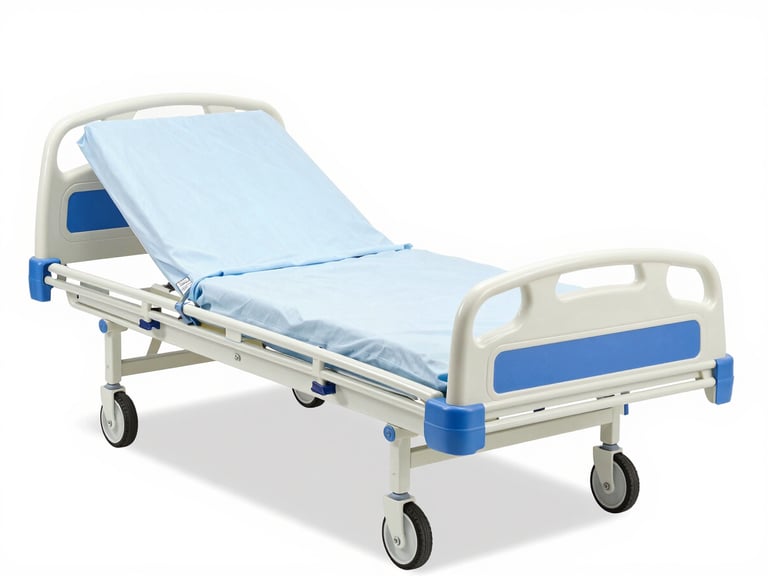 High-resolution product photo of a sturdy manual hospital bed in a clean, bright homecare setting, sterile white and soft blue tones, sharp focus, 35mm