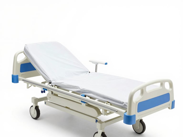 High-resolution product photo of a modern electric hospital bed in a clean, bright homecare setting, sterile white and soft blue tones, sharp focus, 35mm