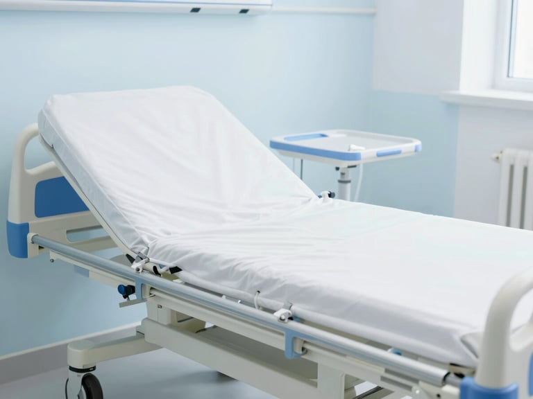 Clean modern electric hospital bed in a bright home setting, clinical-grade, high-key studio light, sterile white and soft blue tones, sharp focus, 35mm