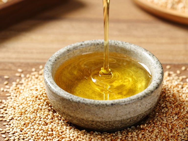 Close-up of rich amber sesame oil pouring into a small stone bowl, raw sesame seeds scattered around, warm side-lit studio lighting, shallow depth of field