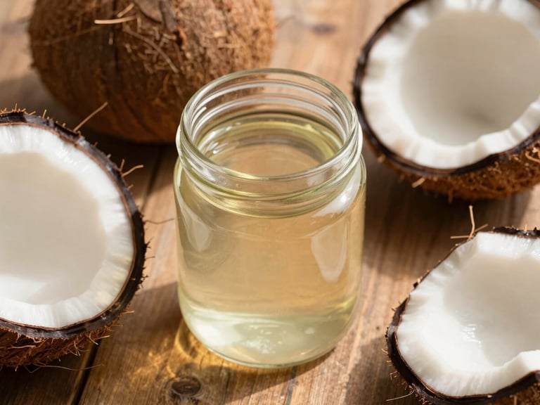 Close-up of translucent coconut oil in a clean glass jar, raw coconut halves on a rustic wooden table, warm morning sunlight casting soft shadows, 35mm photography