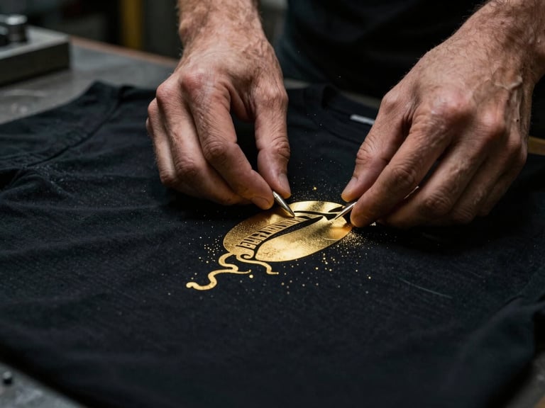 Macro close-up of hands carefully aligning a gold metallic print on a heavy black cotton t-shirt, industrial workshop setting, low-key atmospheric lighting, golden dust particles in the air.