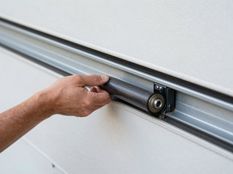 Close-up of a technician's hand adjusting a garage door roller inside a steel track, crisp documentary style, sharp focus
