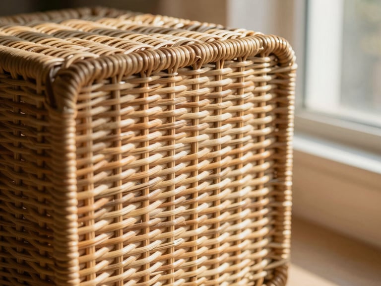 Close-up of tight woven rattan texture on a storage cube, warm directional window light, high-contrast natural shadows.
