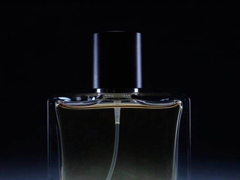 Close-up of a sleek, dark perfume bottle catching sharp directional light against a deep black background, subtle neon backlighting, futuristic dark aesthetic, 35mm.