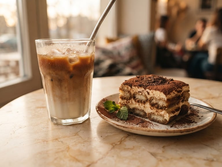A close-up of a condensation-beaded iced Spanish latte next to a slice of classic tiramisu on a warm cream marble table, soft golden-hour window light, 35mm