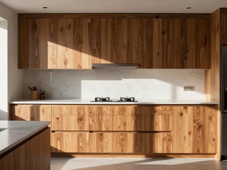 Sunlit modern residential kitchen showing grain-matched wood cabinetry and precise countertop joints