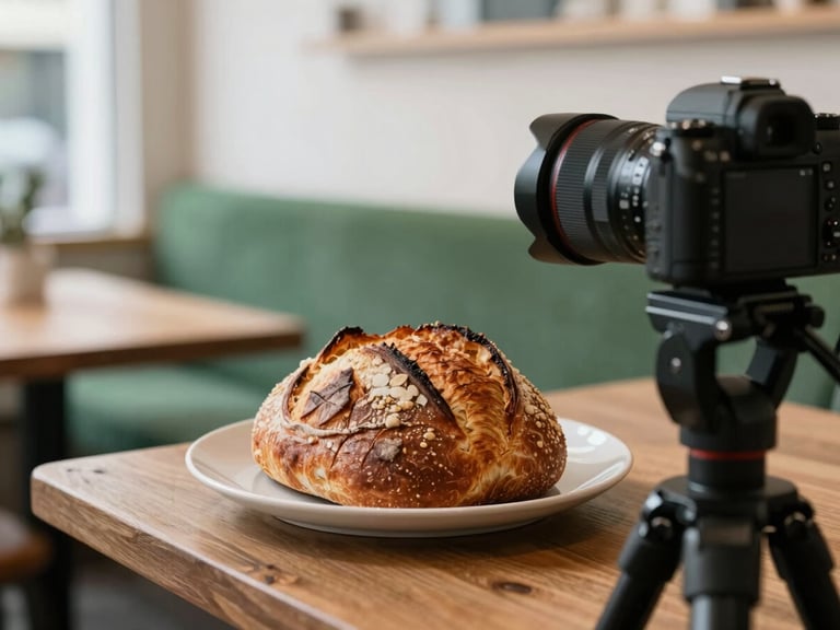 close-up of a camera on a tripod capturing a plate of freshly baked sourdough, soft diffused light, cozy Scandinavian restaurant interior