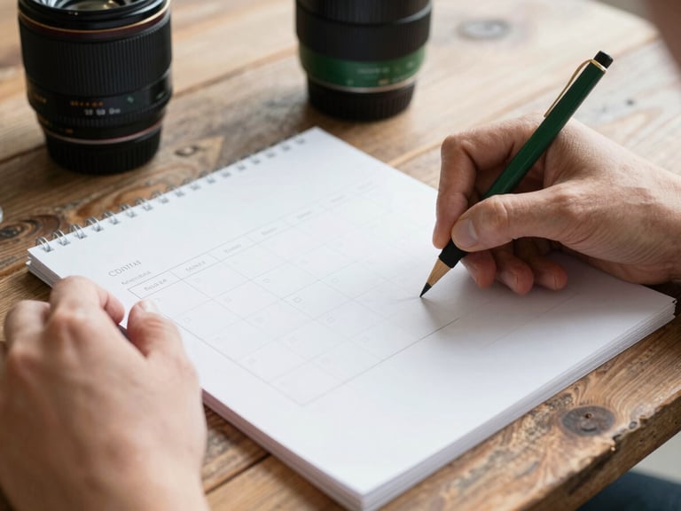 hands sketching a content calendar on a rustic wooden table, soft daylight, 35mm lens