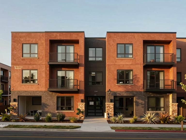 Wide exterior shot of 'The Willow Creek Residence', a modern multi-family housing unit, warm terracotta and charcoal facade, sunlit, architectural focus, natural daylight, rich earthy tones