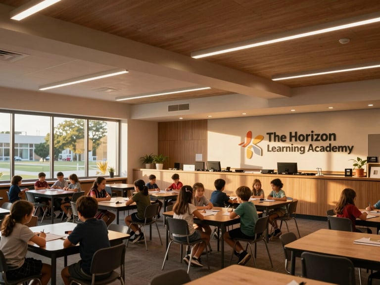 Interior wide shot of 'The Horizon Learning Academy', a modern classroom with children engaged, natural light, architectural details, warm editorial photography, unposed