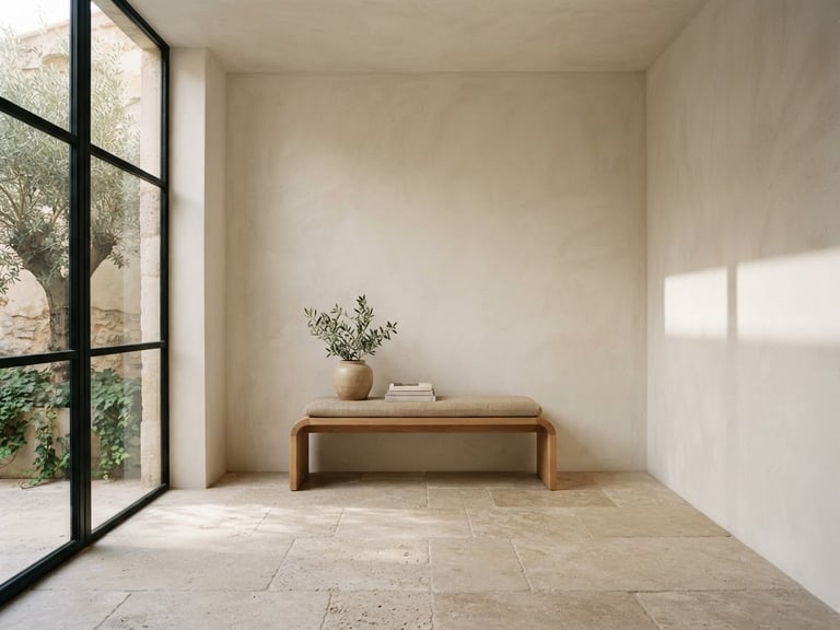 Straight-on architectural photograph of a minimalist hotel lobby corner, warm natural daylight casting soft shadows on plaster walls, raw stone floor, neutral earth tones