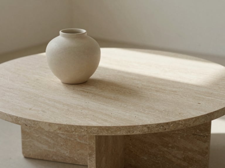 Detail crop of a raw travertine coffee table with a single ceramic vessel, warm morning light, soft shadows, minimalist interior design.
