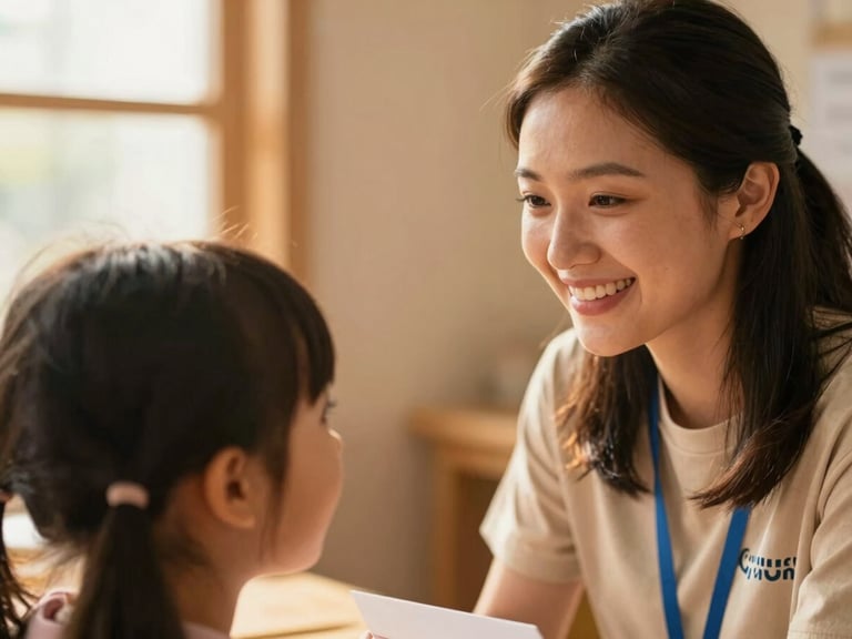 Close-up of a friendly female volunteer smiling warmly at a young child during check-in, warm indoor ambient lighting, natural wood background, shallow depth of field