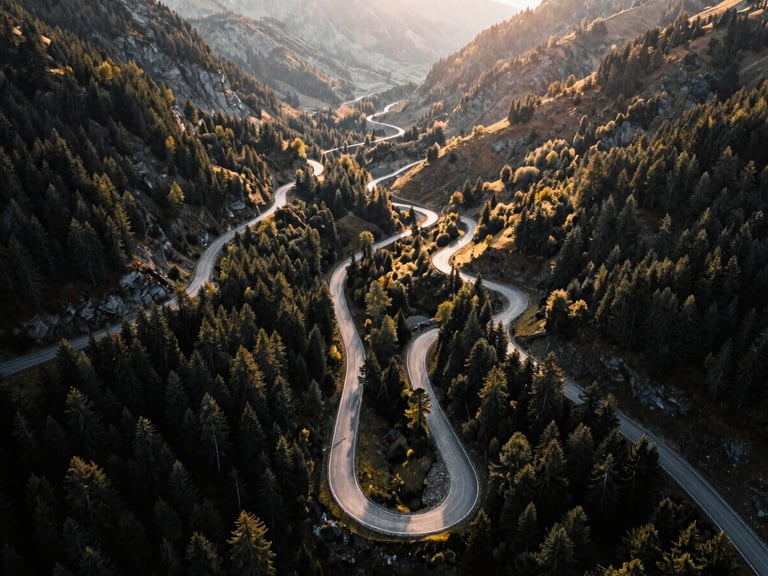Dramatic high-altitude drone photograph of a winding mountain pass in the Swiss Alps, sharp geometric road curves cutting through dark pine forests, golden hour side-light, 35mm film aesthetic