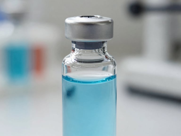 Macro close-up of a clinical glass vial with desaturated blue liquid, neutral laboratory background, sharp focus, bright daylight, 35mm lens.