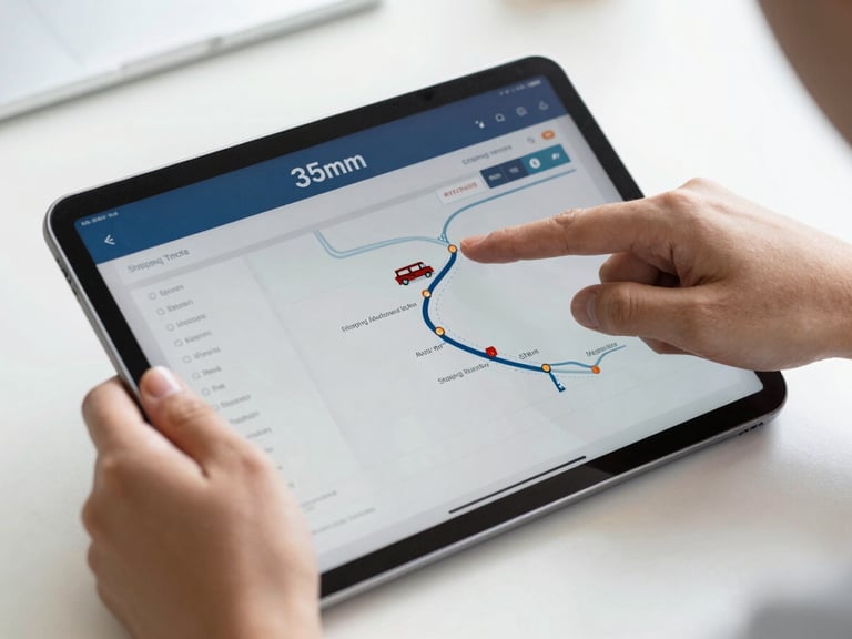 Close-up of hands pointing at shipping route tracking data on a tablet, soft morning daylight, clean modern desk, 35mm photography