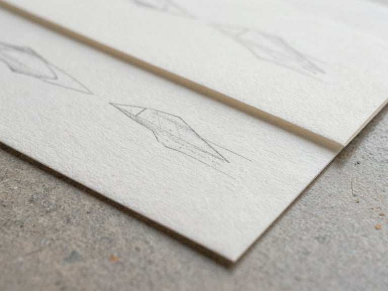 Minimalist macro photograph of premium textured cotton paper swatches and delicate pencil sketches on a warm stone gray surface, soft daylight, shallow depth of field.